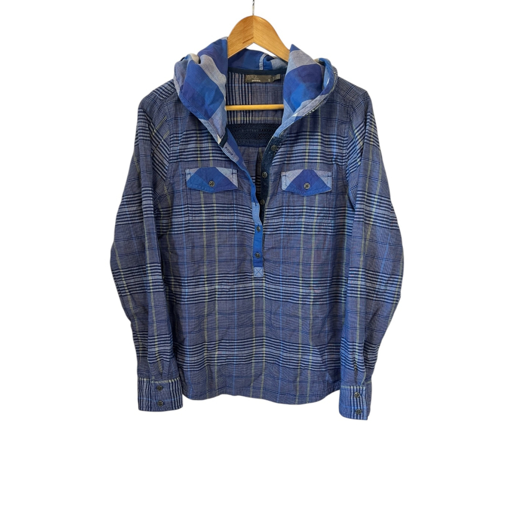 Prana Women's Blue Plaid Hooded Long Sleeve Top Small